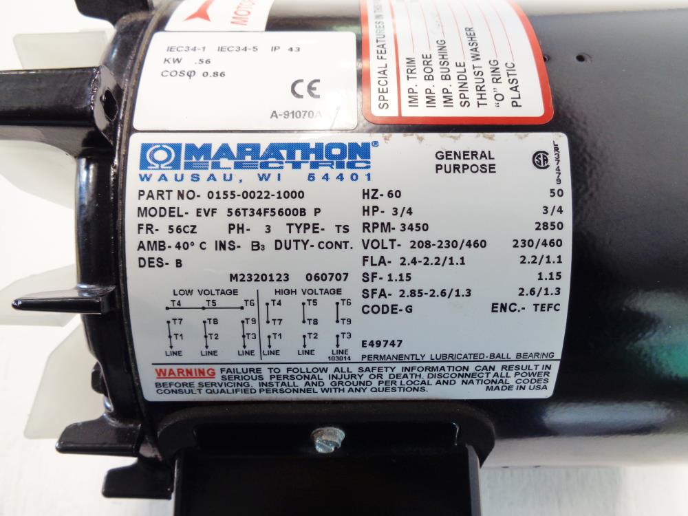 Marathon 3/4 HP Electric Motor, Part #0155-0022-1000, Model #EVF 56T34F5600B P